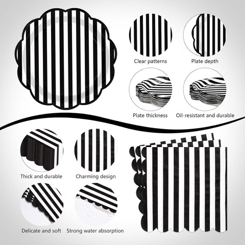 Close-up of black white striped scalloped paper plate