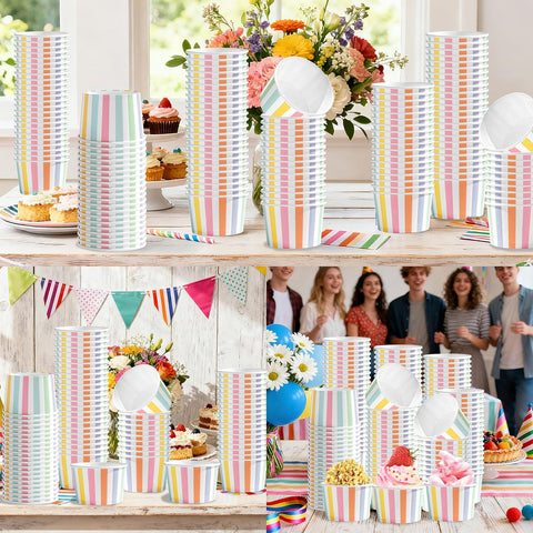 Package contents infographic showing 120 striped ice cream cups