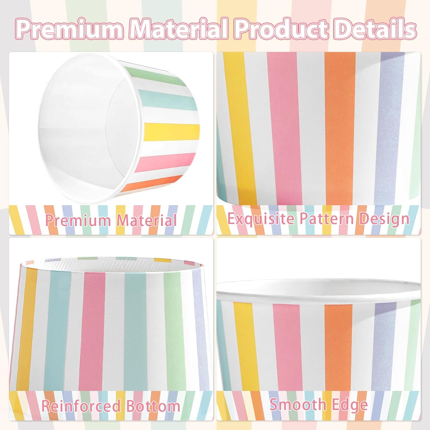 Stack of colorful stripe 12oz disposable ice cream cups