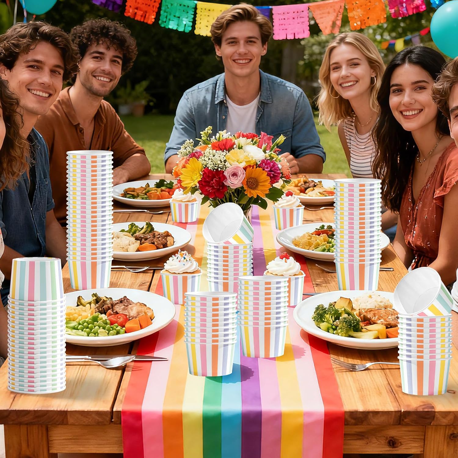 Carnival baby shower summer party scene with rainbow stripe cups