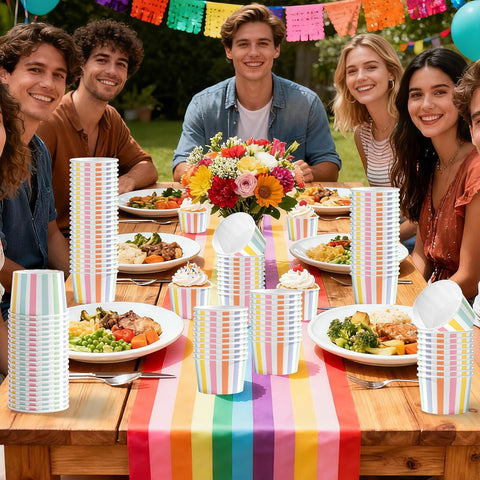 Carnival baby shower summer party scene with rainbow stripe cups