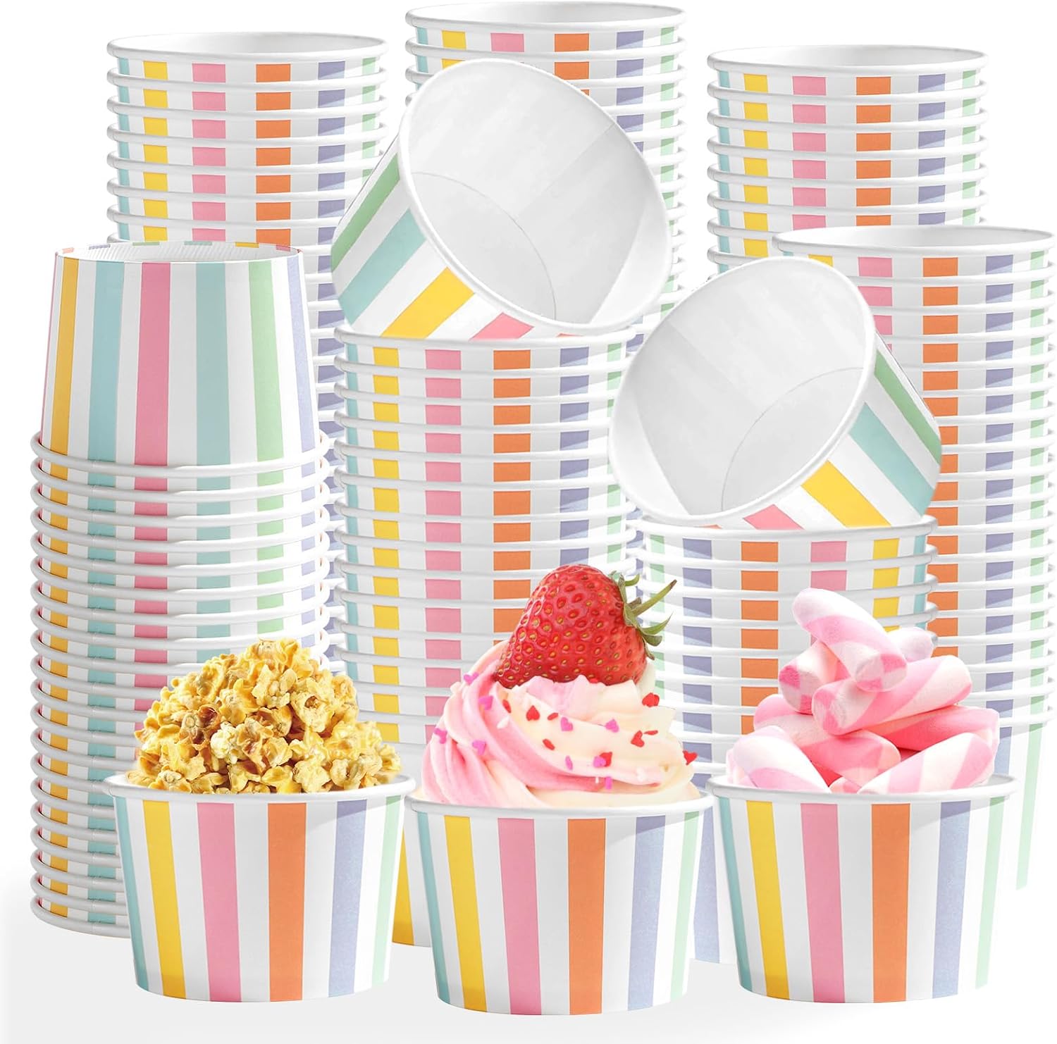 Grencian 120-piece striped rainbow ice cream cups with colorful pastel design