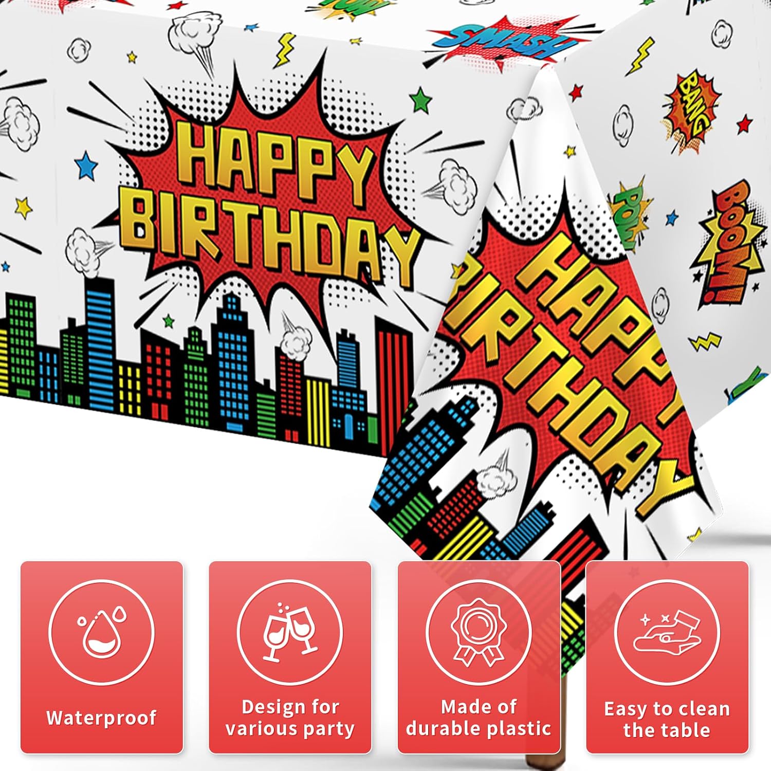 Close-up of hero themed plastic tablecloth with cityscape graphics