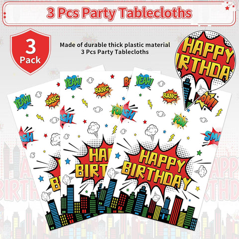 Super hero tablecloth draped on party table with hero themed decorations