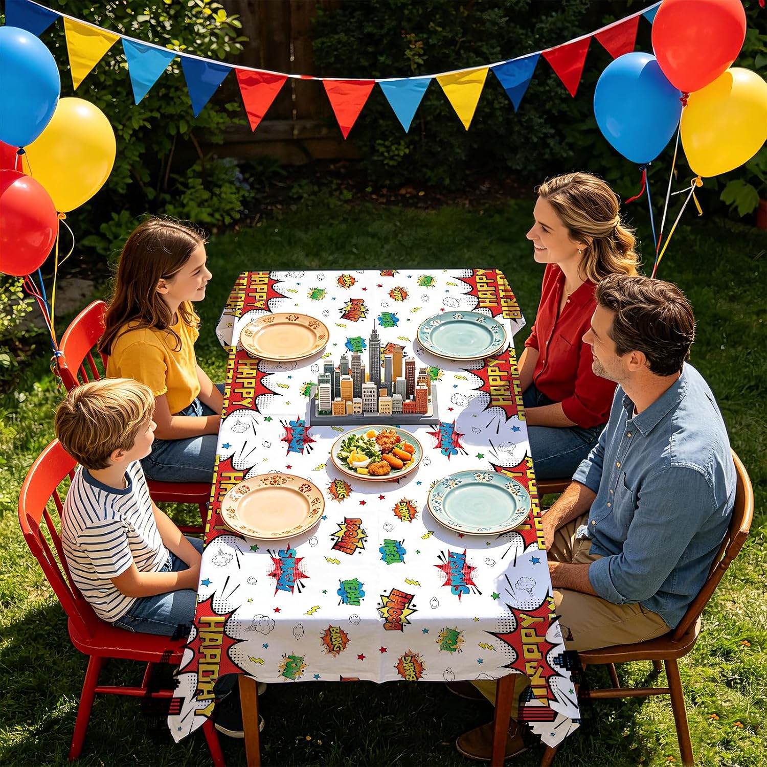 Package contents infographic showing 3 Grencian superhero tablecloths