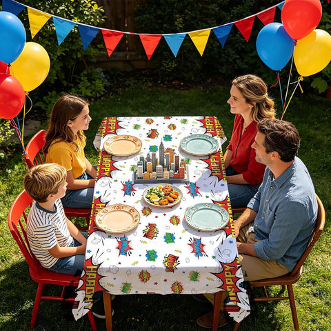 Package contents infographic showing 3 Grencian superhero tablecloths