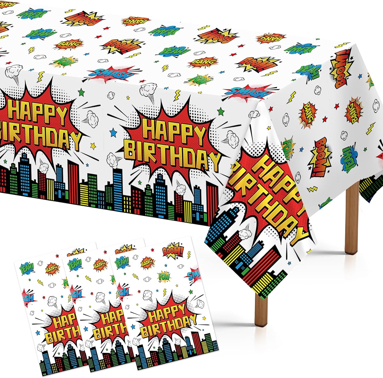 Grencian 3-piece super hero tablecloth set with hero cityscape design
