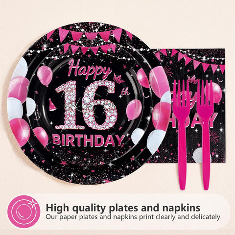 Sweet 16 and Happy Birthday plates with pink glitter numerals
