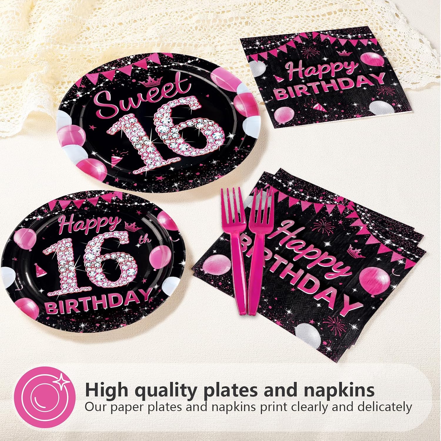 Close up of the black and hot pink 16th birthday plates