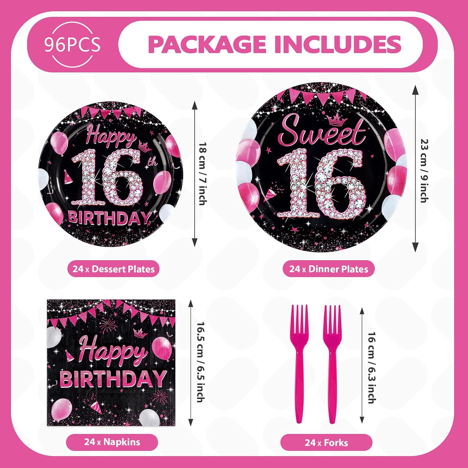 Package contents of the 96Pcs sweet 16 birthday set