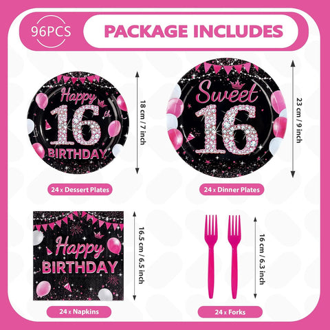 Package contents of the 96Pcs sweet 16 birthday set