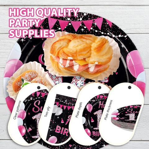 Sweet 16 plate holding party food with pink forks