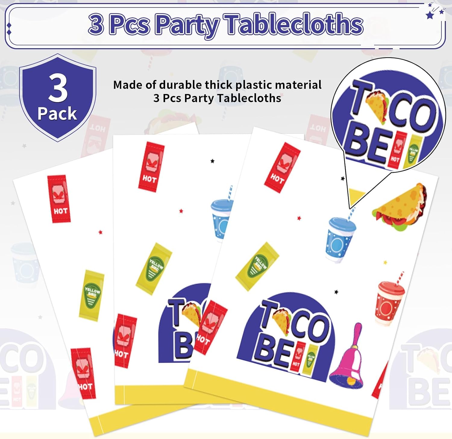 Taco tablecloth draped on party table with fiesta themed decorations