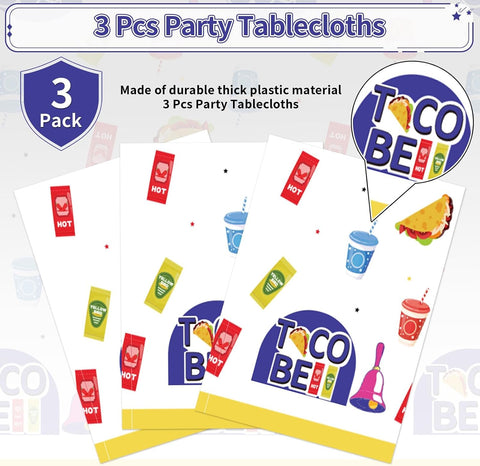 Taco tablecloth draped on party table with fiesta themed decorations