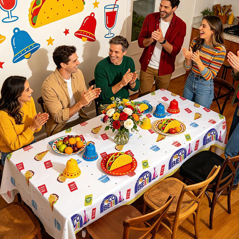Mexican independence day birthday party scene with taco tablecloth