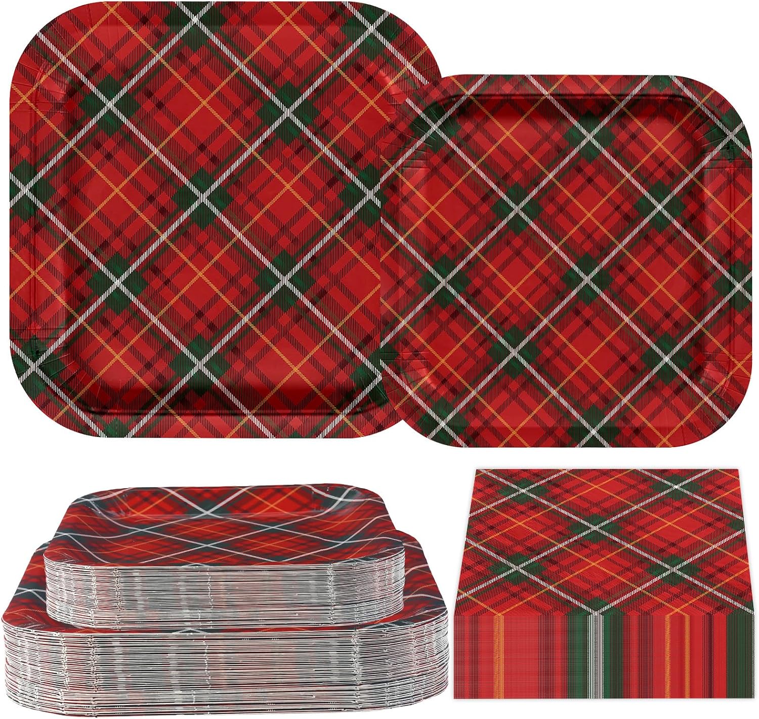 200Pcs Red Green Plaid Christmas Plates Napkins - Grencian