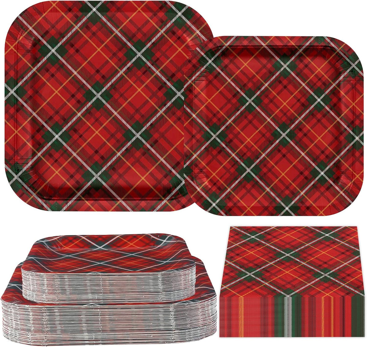 200Pcs Red Green Plaid Christmas Plates Napkins - Grencian