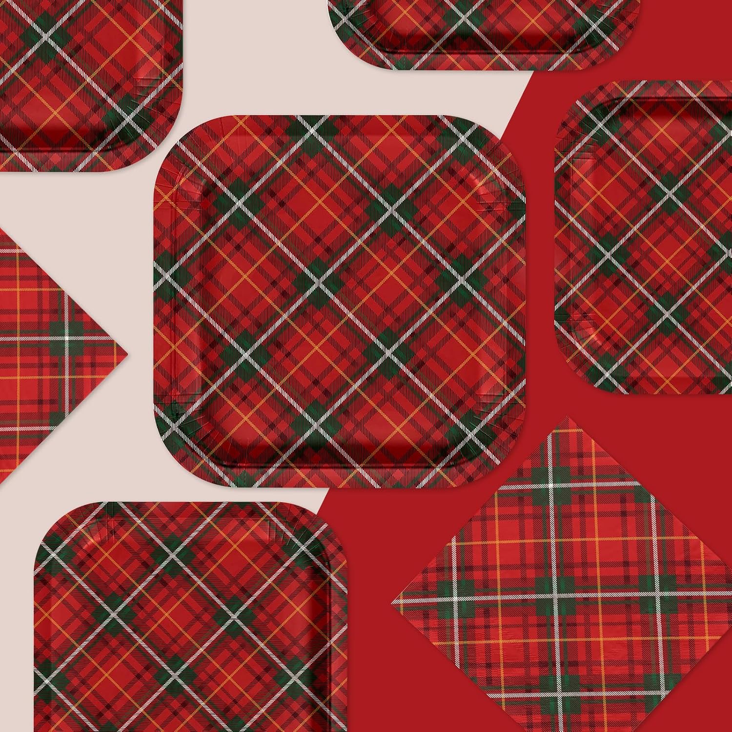 200Pcs Red Green Plaid Christmas Plates Napkins - Grencian