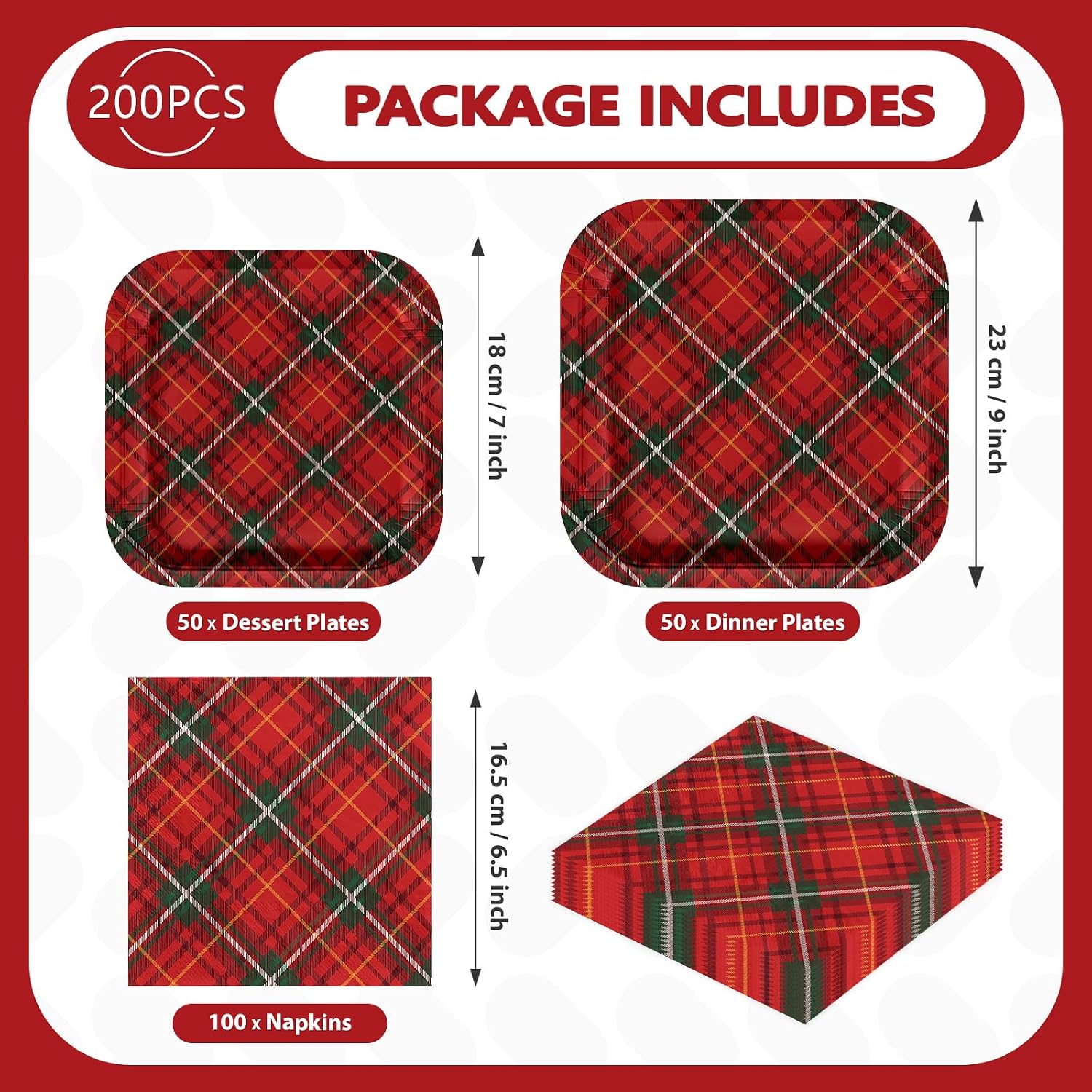 200Pcs Red Green Plaid Christmas Plates Napkins - Grencian