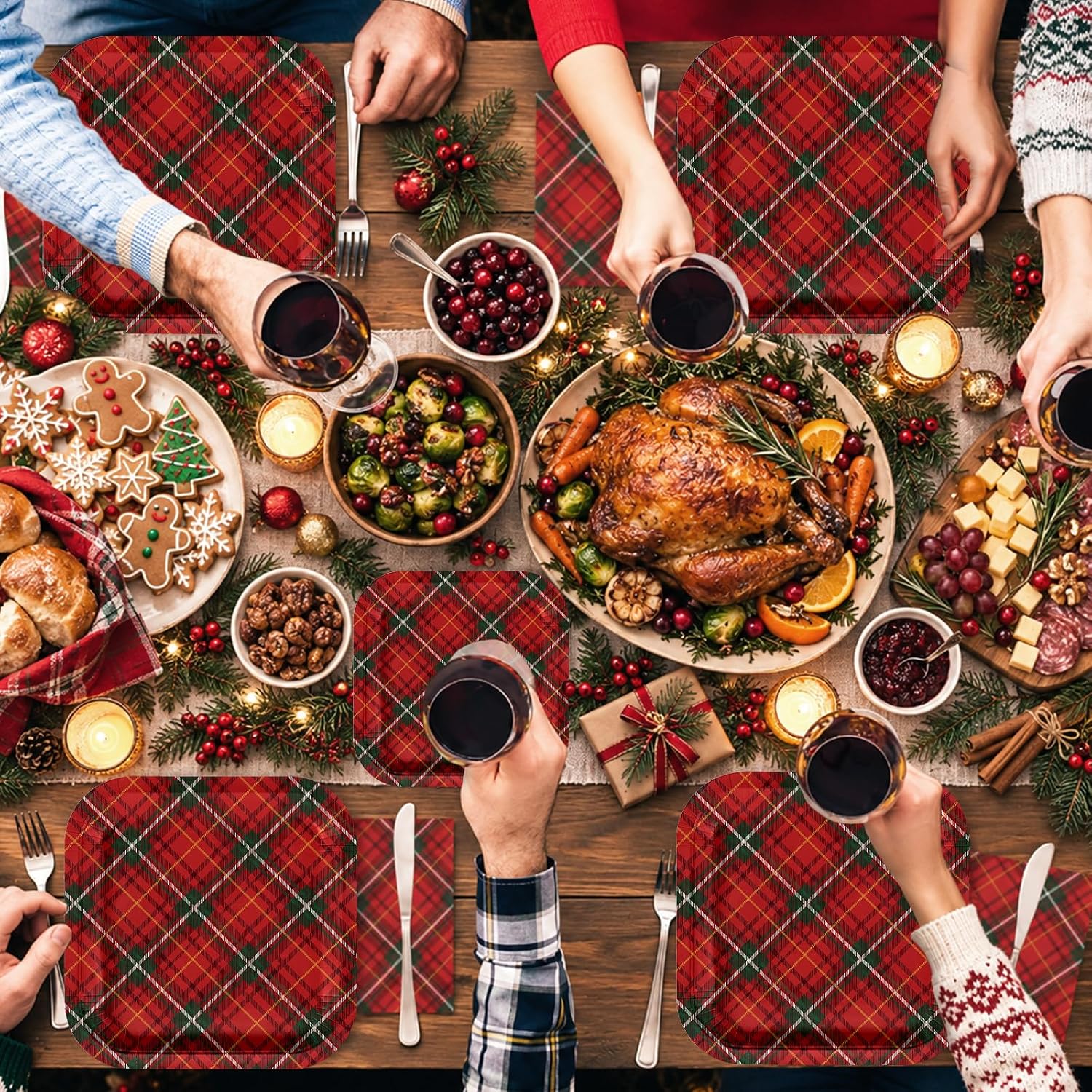 200Pcs Red Green Plaid Christmas Plates Napkins - Grencian