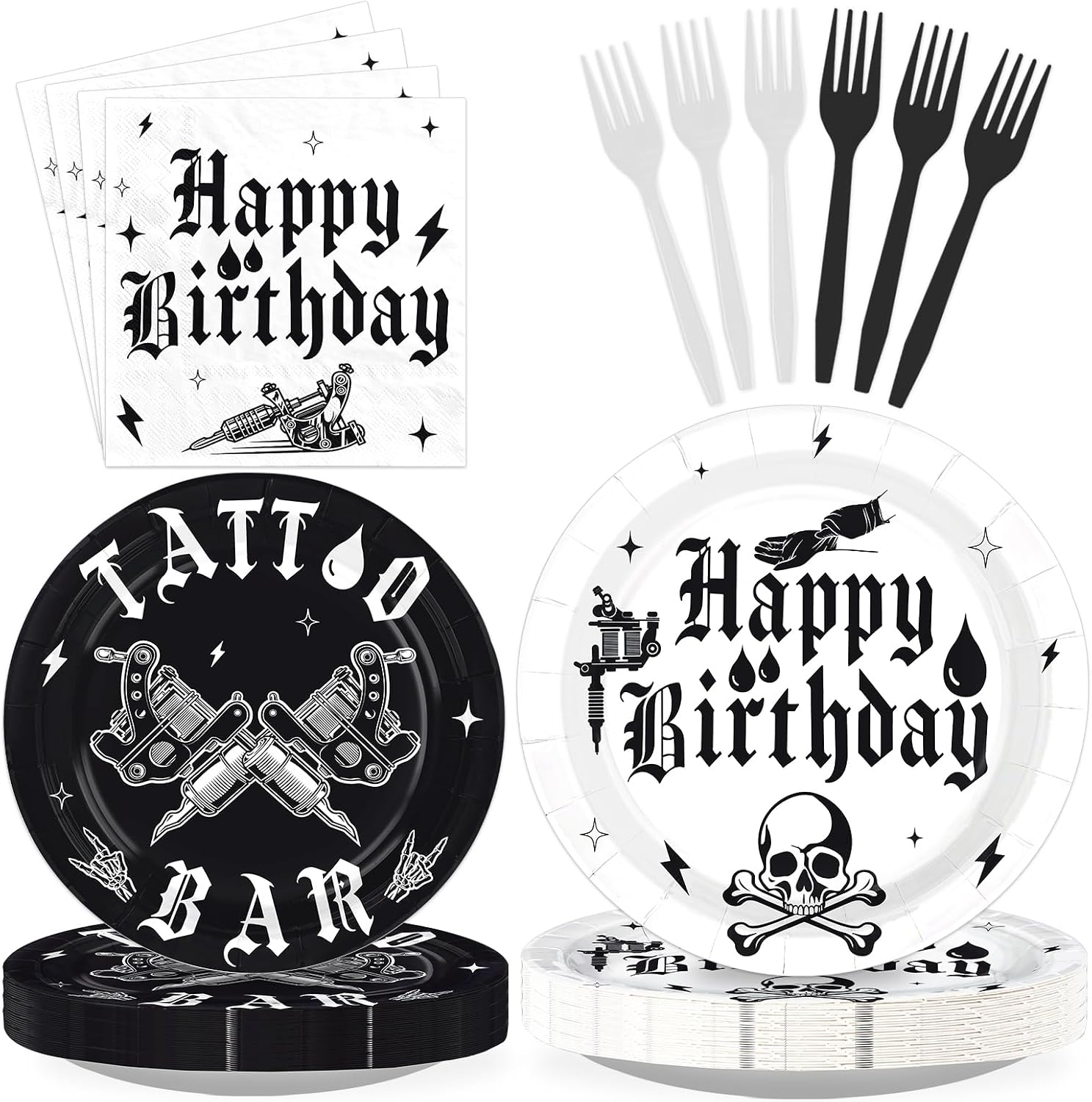 Grencian 96Pcs tattoo bar gothic birthday plates and napkins set