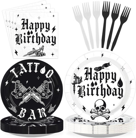 Grencian 96Pcs tattoo bar gothic birthday plates and napkins set