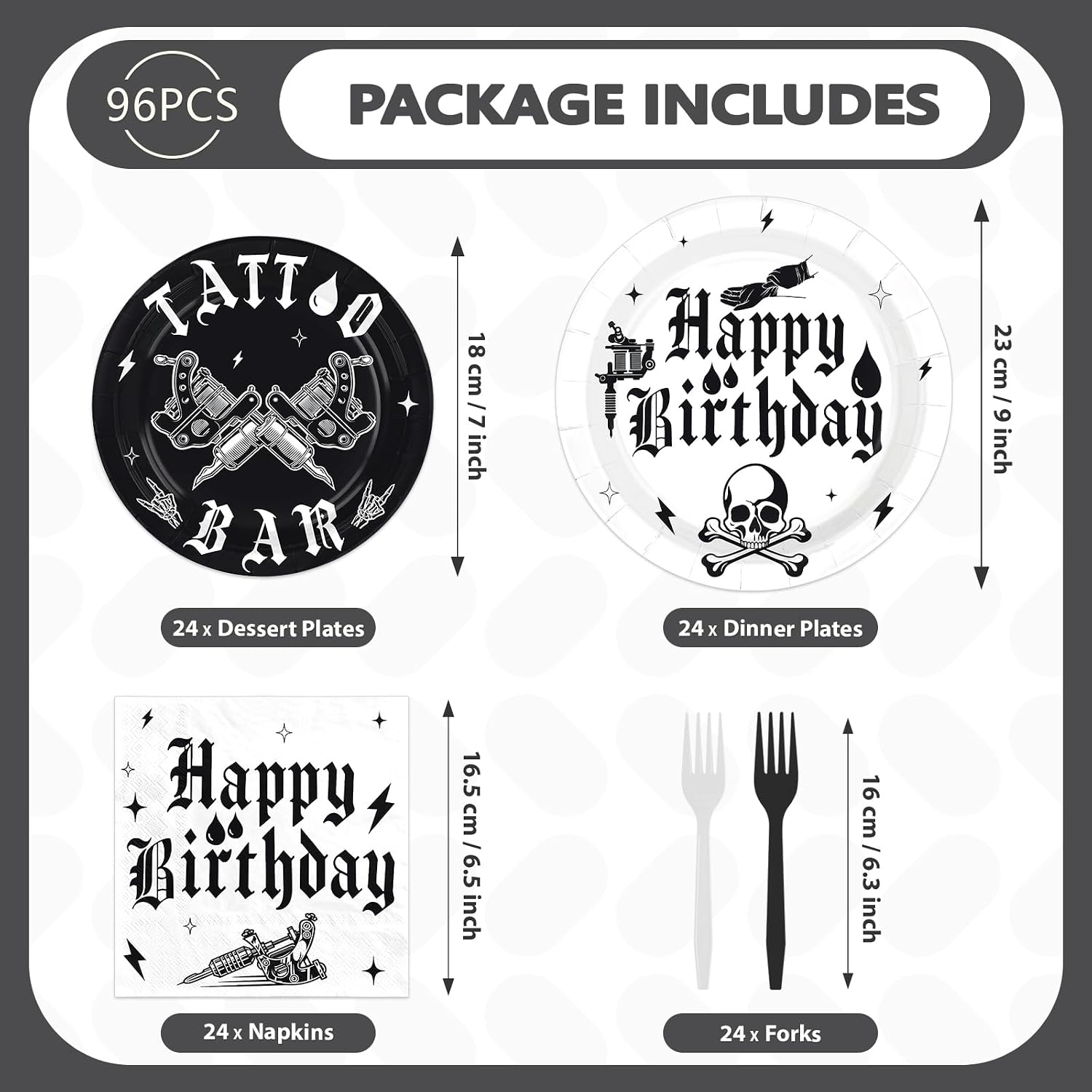 Package contents of the 96Pcs tattoo birthday tableware set