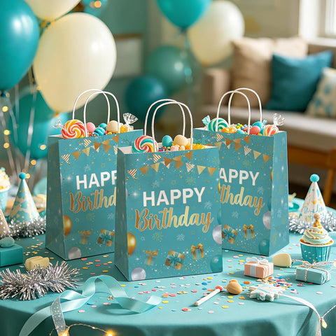 16Pcs Teal Gold Birthday Goodie Bags Turquoise - Grencian