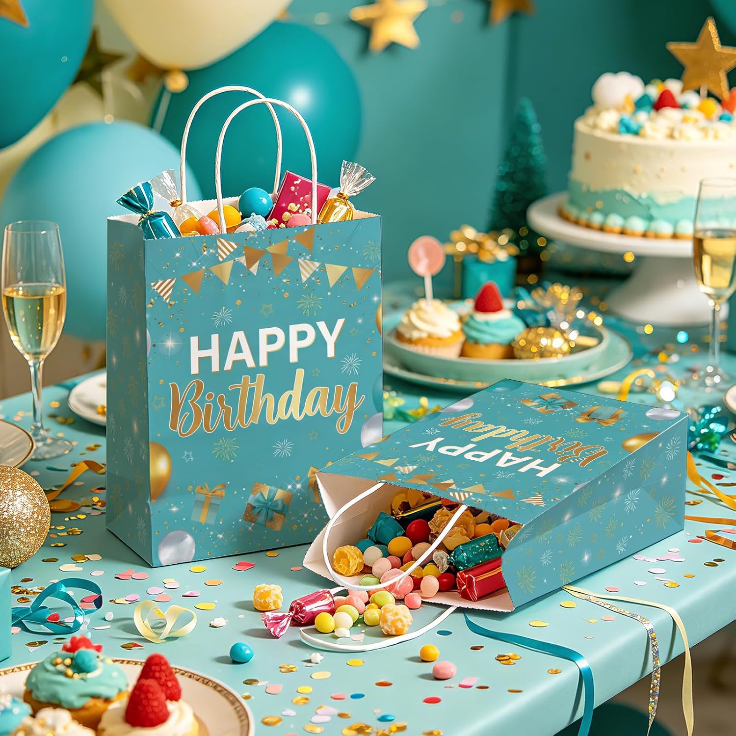 16Pcs Teal Gold Birthday Goodie Bags Turquoise - Grencian
