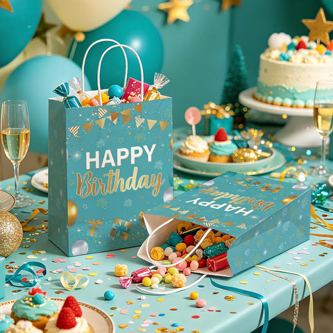 16Pcs Teal Gold Birthday Goodie Bags Turquoise - Grencian