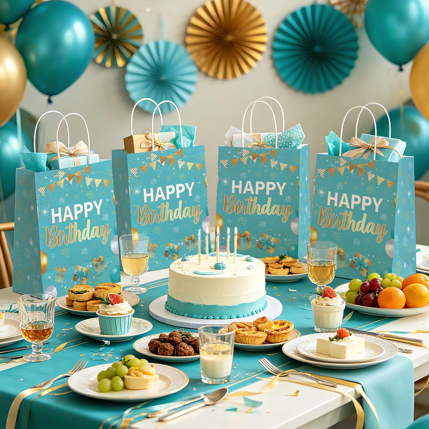 16Pcs Teal Gold Birthday Goodie Bags Turquoise - Grencian