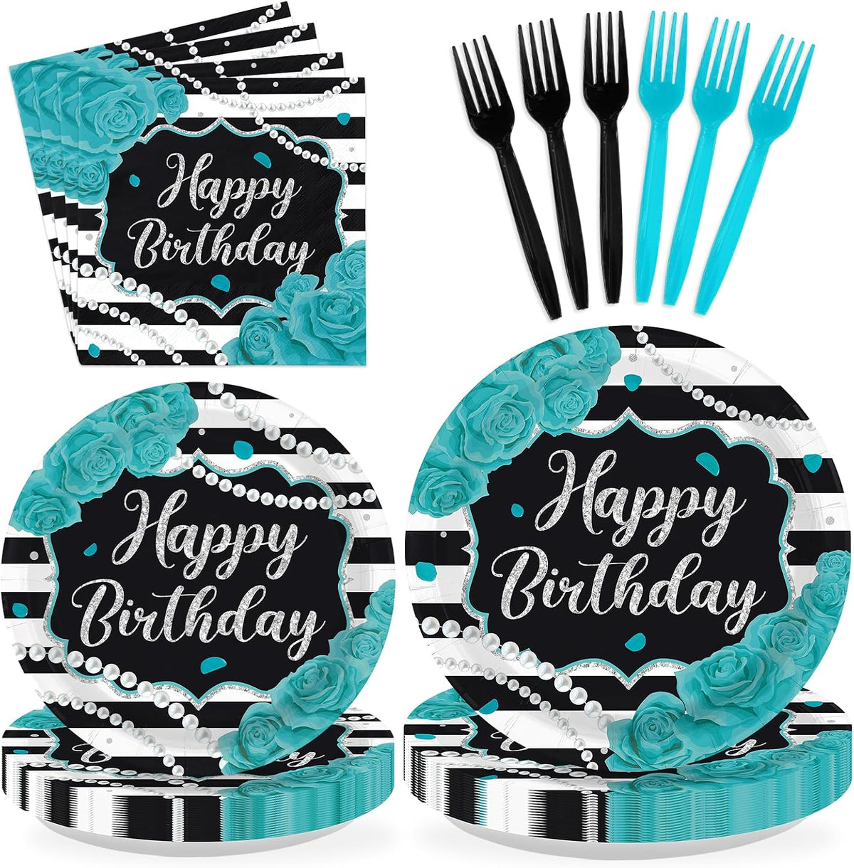 Teal rose Happy Birthday plates and napkins set serving 24 guests