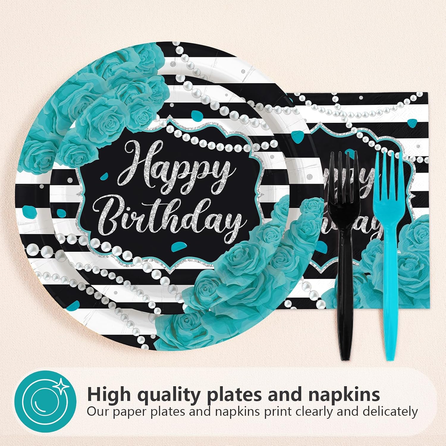 Teal and black striped Happy Birthday dinner plates with pearl accents