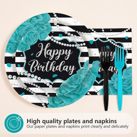 Teal and black striped Happy Birthday dinner plates with pearl accents
