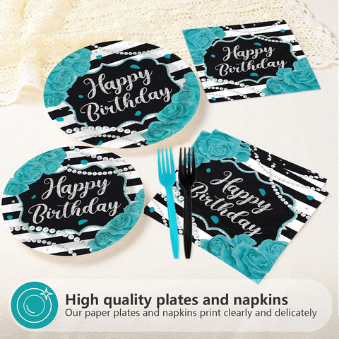 Teal rose floral birthday napkins with black and white stripes
