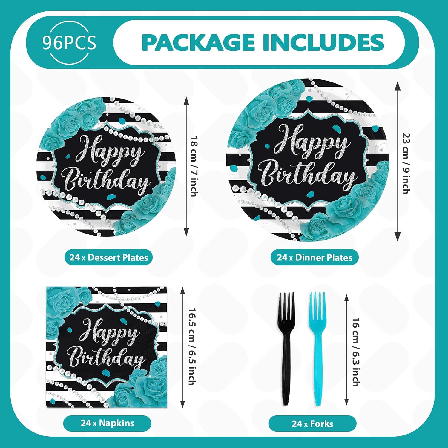 Turquoise rose dessert plates with matching birthday design