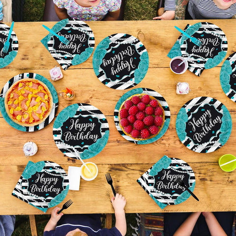 Teal black white striped birthday plates stacked for a party table