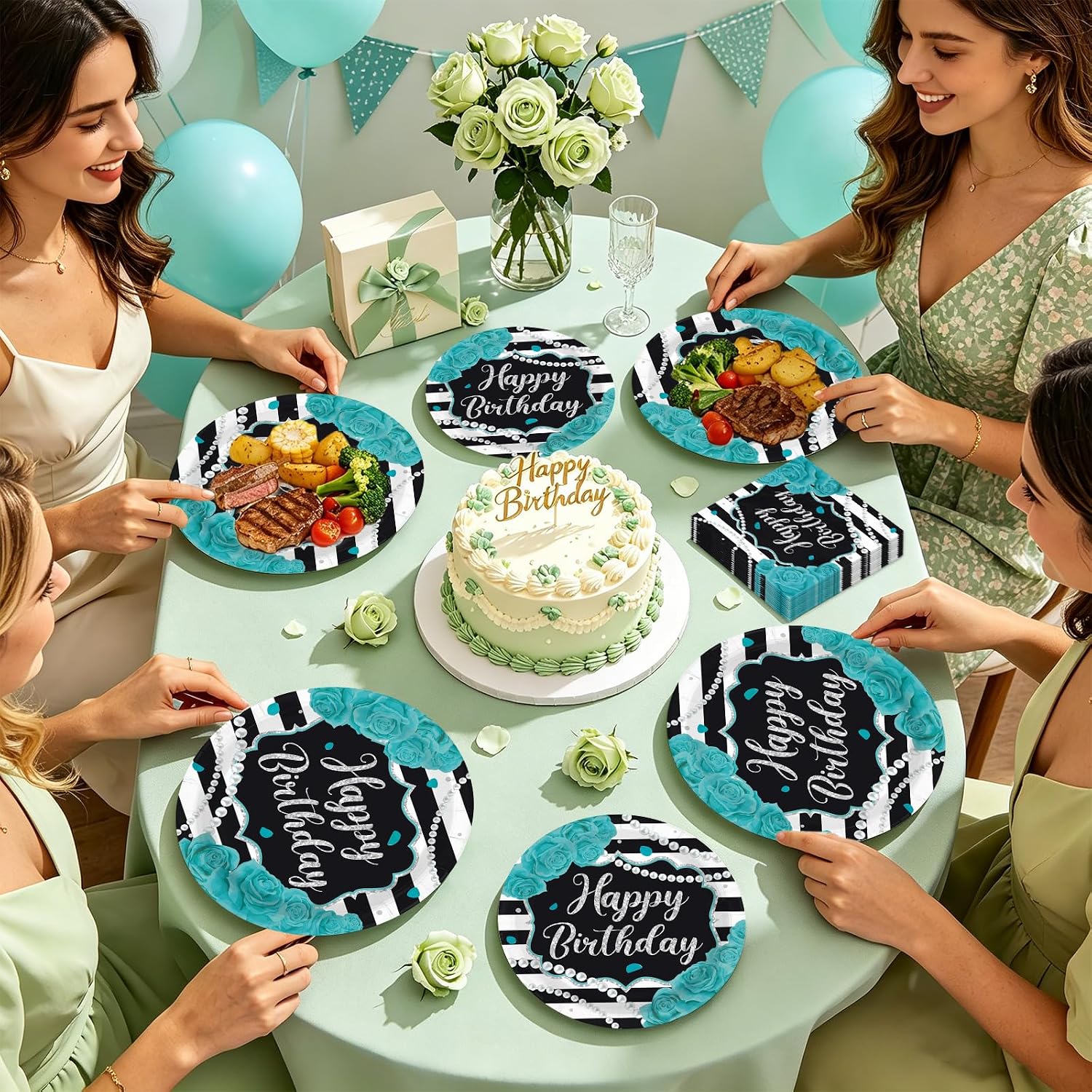 Turquoise rose birthday party place setting with plates napkins and forks