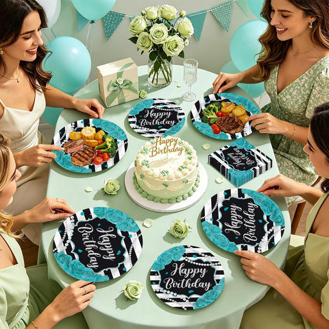 Turquoise rose birthday party place setting with plates napkins and forks