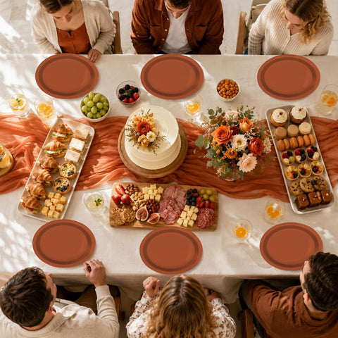 Fall party table set with the terracotta oval paper plates
