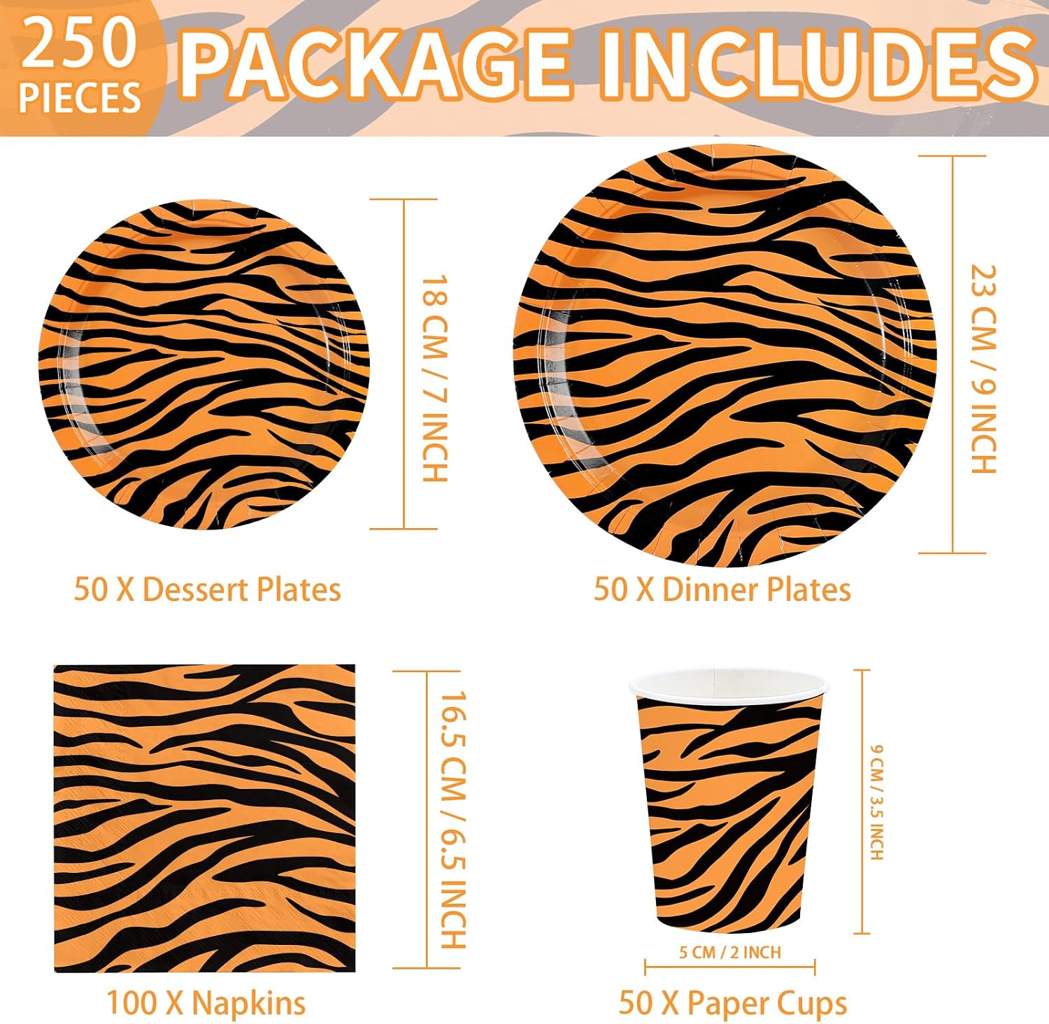 250Pcs Tiger Stripe Safari Jungle Party Supplies Serves 50 - Grencian