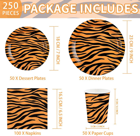 250Pcs Tiger Stripe Safari Jungle Party Supplies Serves 50 - Grencian
