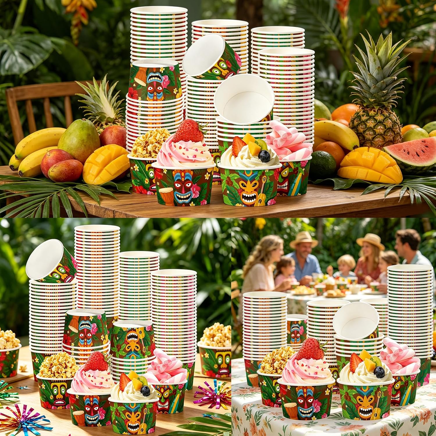 Package contents infographic showing 120 tiki ice cream cups