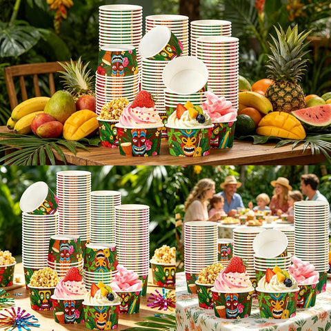 Package contents infographic showing 120 tiki ice cream cups