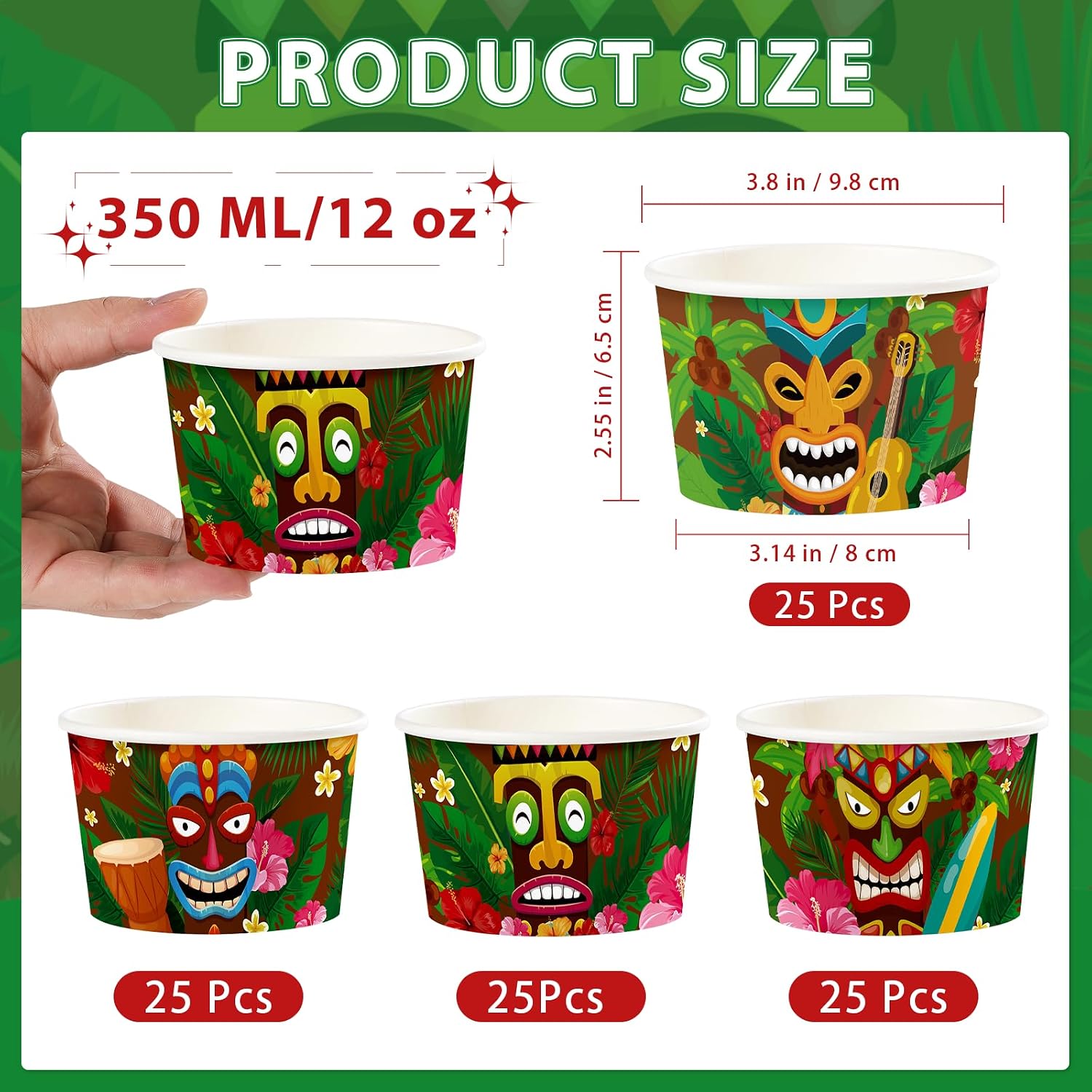 Stack of tiki 12oz disposable ice cream cups