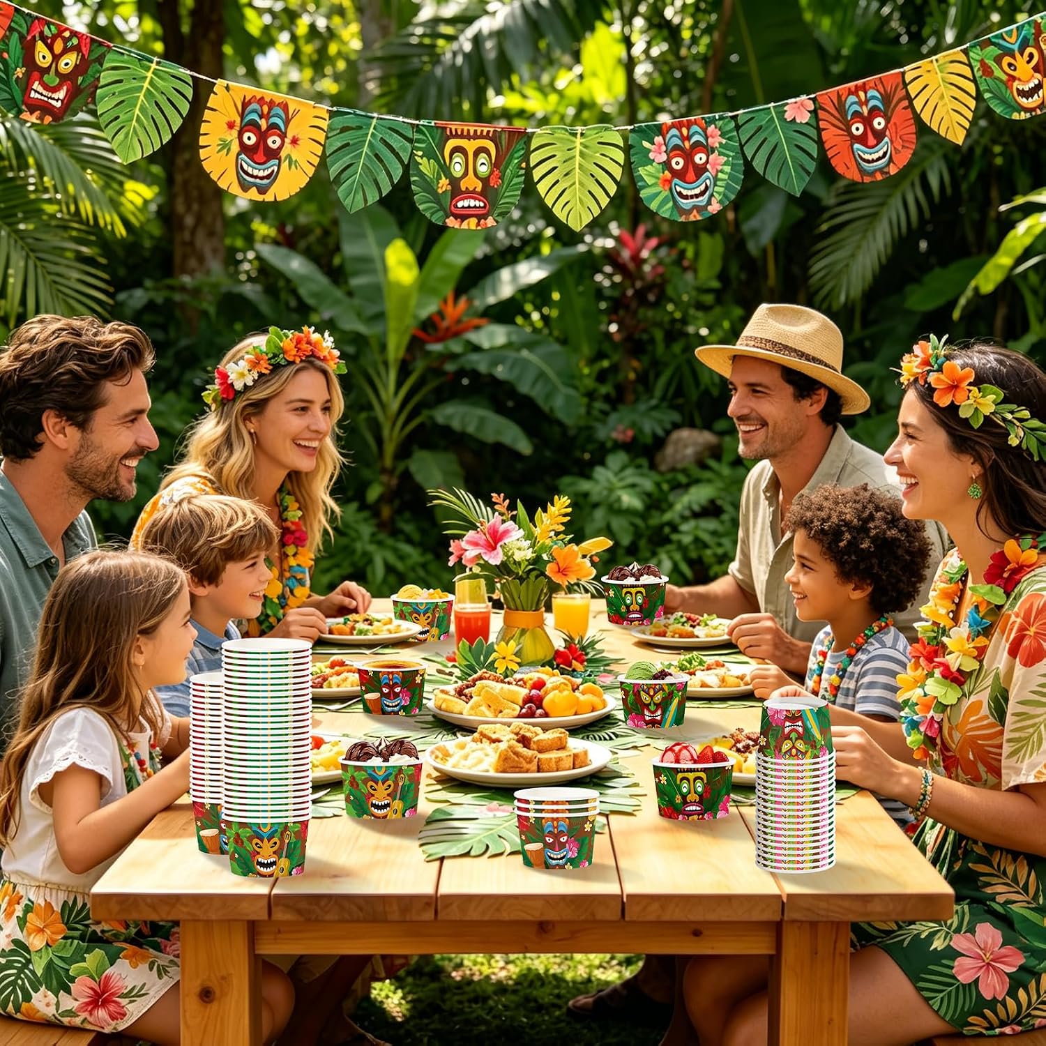 Summer pool tiki party scene with Hawaiian themed cups