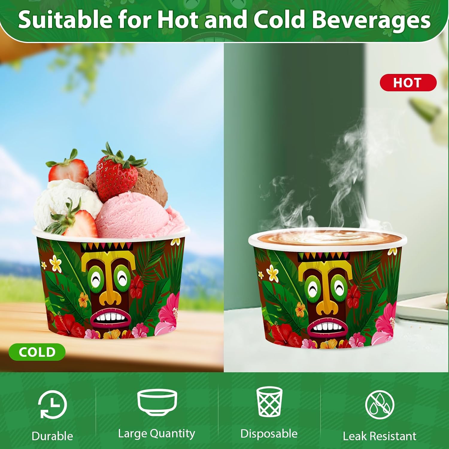 Tiki dessert cups filled with ice cream on pool party table