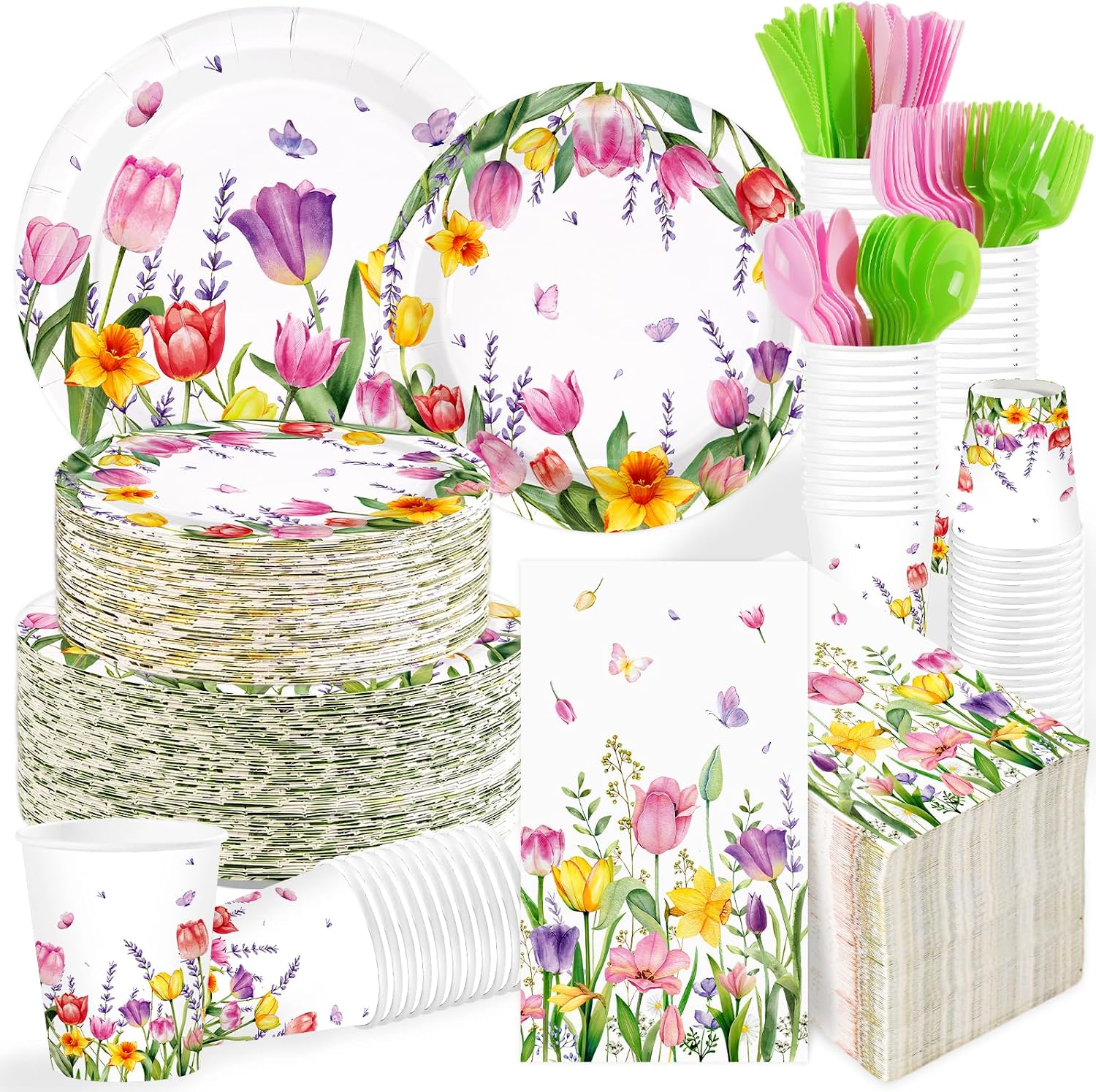 244Pcs Floral Tulip Party Supplies Lavender Serves 24 - Grencian