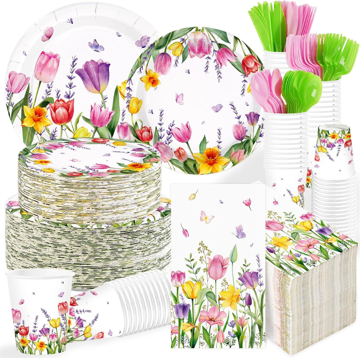 244Pcs Floral Tulip Party Supplies Lavender Serves 24 - Grencian