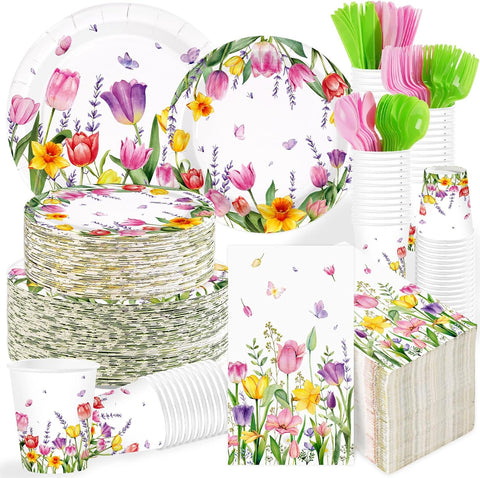 244Pcs Floral Tulip Party Supplies Lavender Serves 24 - Grencian